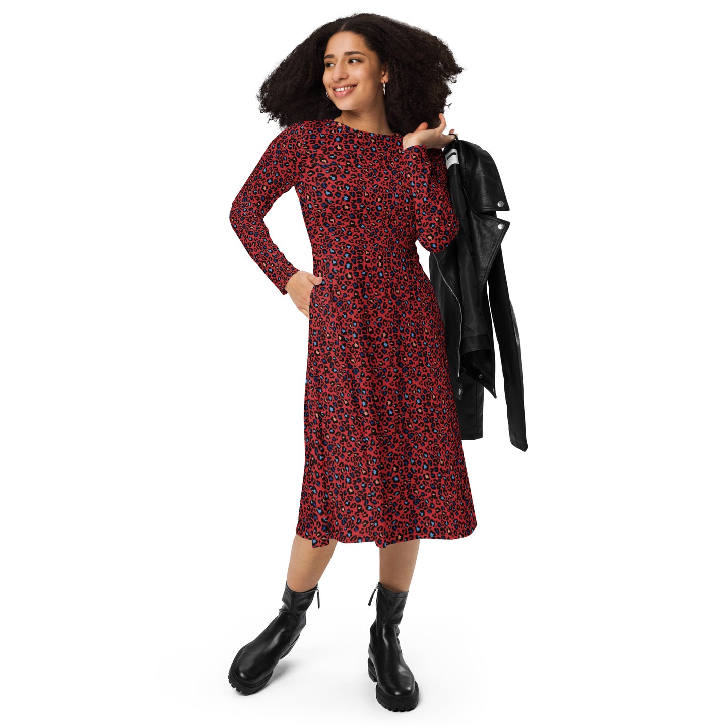 360 Lifestyle long sleeve midi dress in Red Hot Leopard