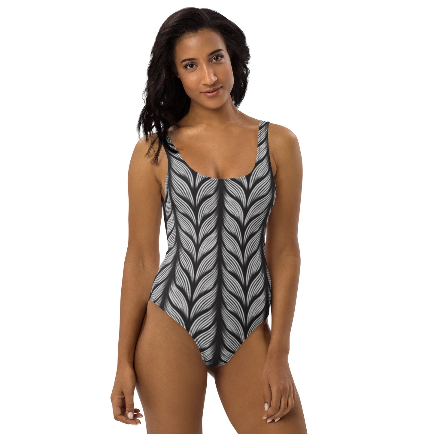 360 Lifestyle One-Piece Swimsuit gray leaves pattern