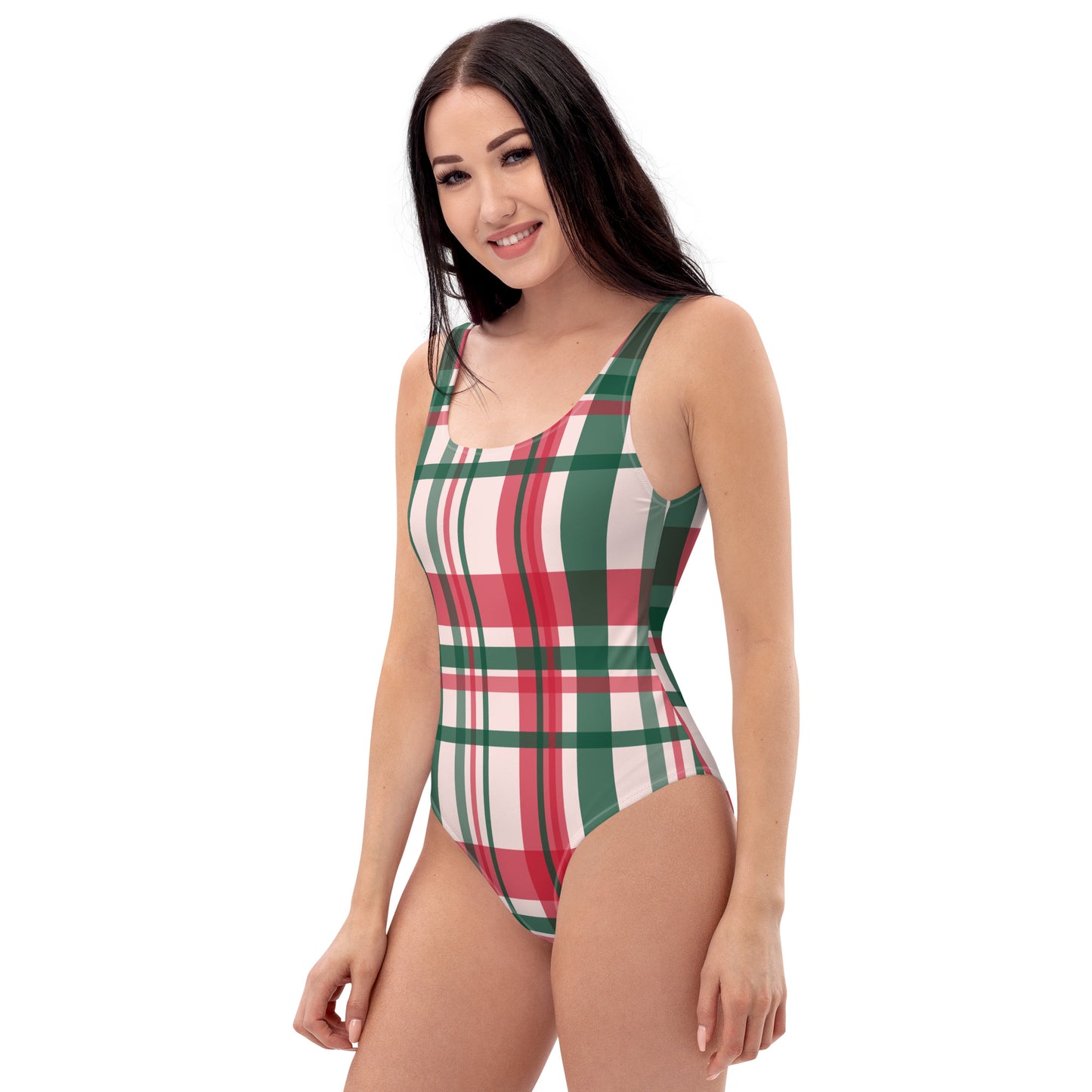 360 Lifestyle One-Piece Swimsuit pinkish plaid pattern