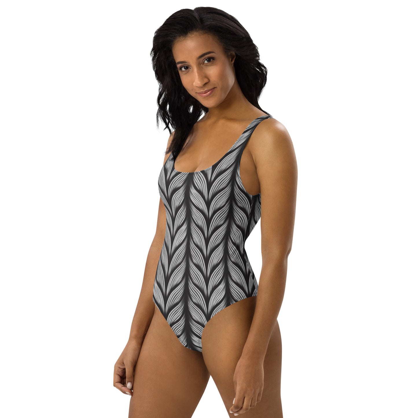 360 Lifestyle One-Piece Swimsuit gray leaves pattern