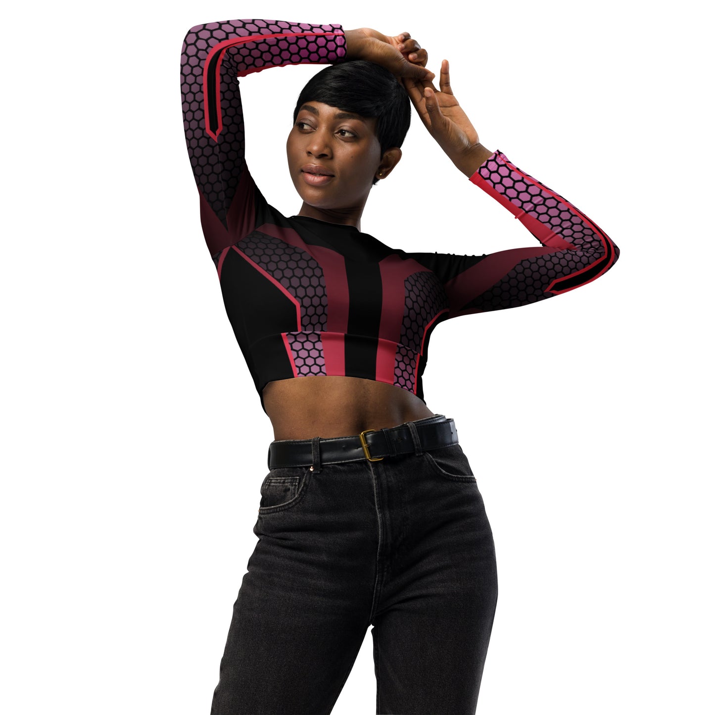 360 Lifestyle long-sleeve crop top with UPF 50 + black with pink geo print