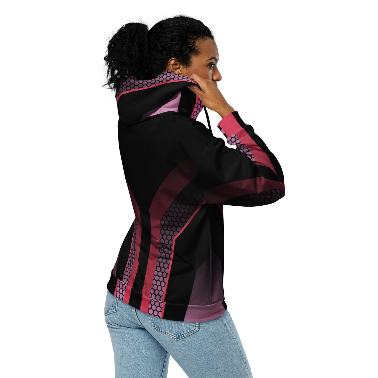 360 Lifestyle Unisex zip hoodie black with pink geo print