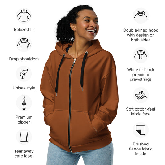 360 Lifestyle Unisex zip hoodie in Solid Saddle Brown