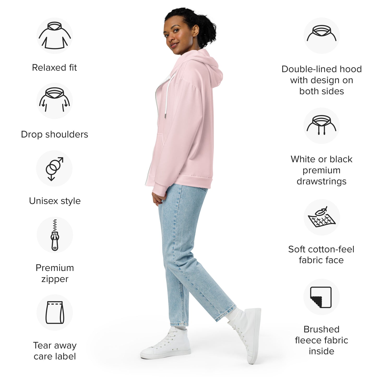 360 Lifestyle Unisex zip hoodie in Solid Pale Pink