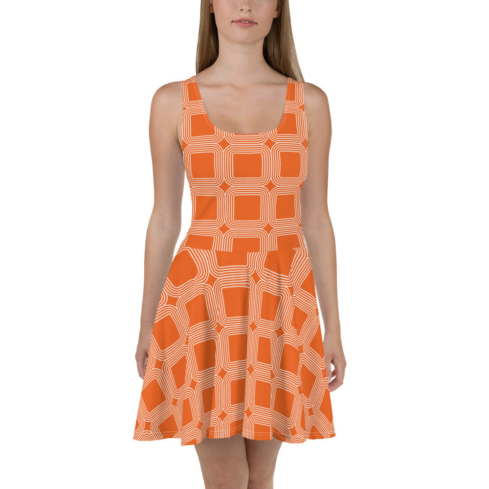 360 Lifestyle Flared Dress Orange with white layered squares ILMT