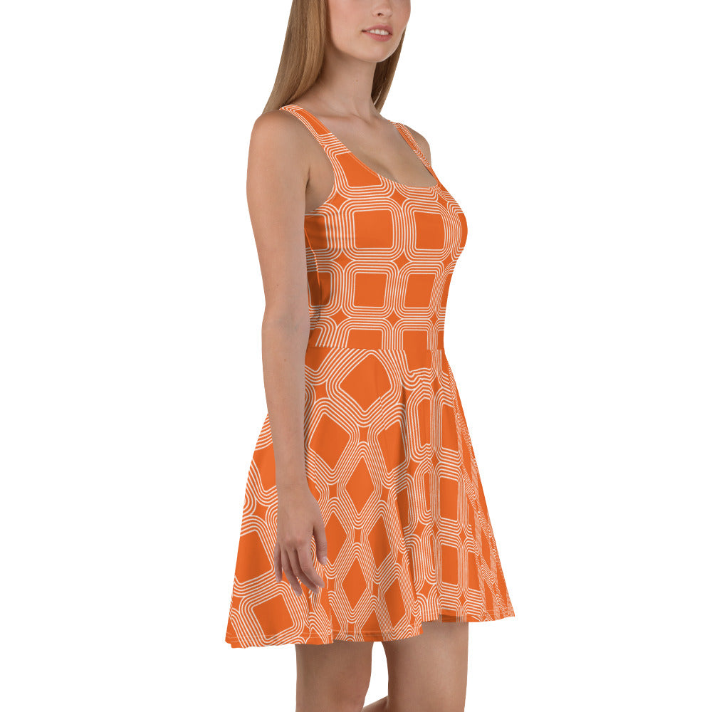 360 Lifestyle Flared Dress Orange with white layered squares ILMT