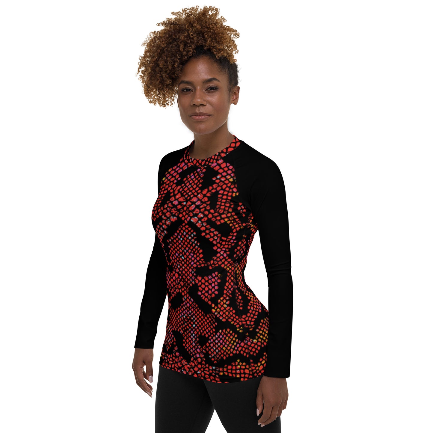 360 Lifestyle Women's Rash Guard UPF 50+ Snake Burn print body with black arms