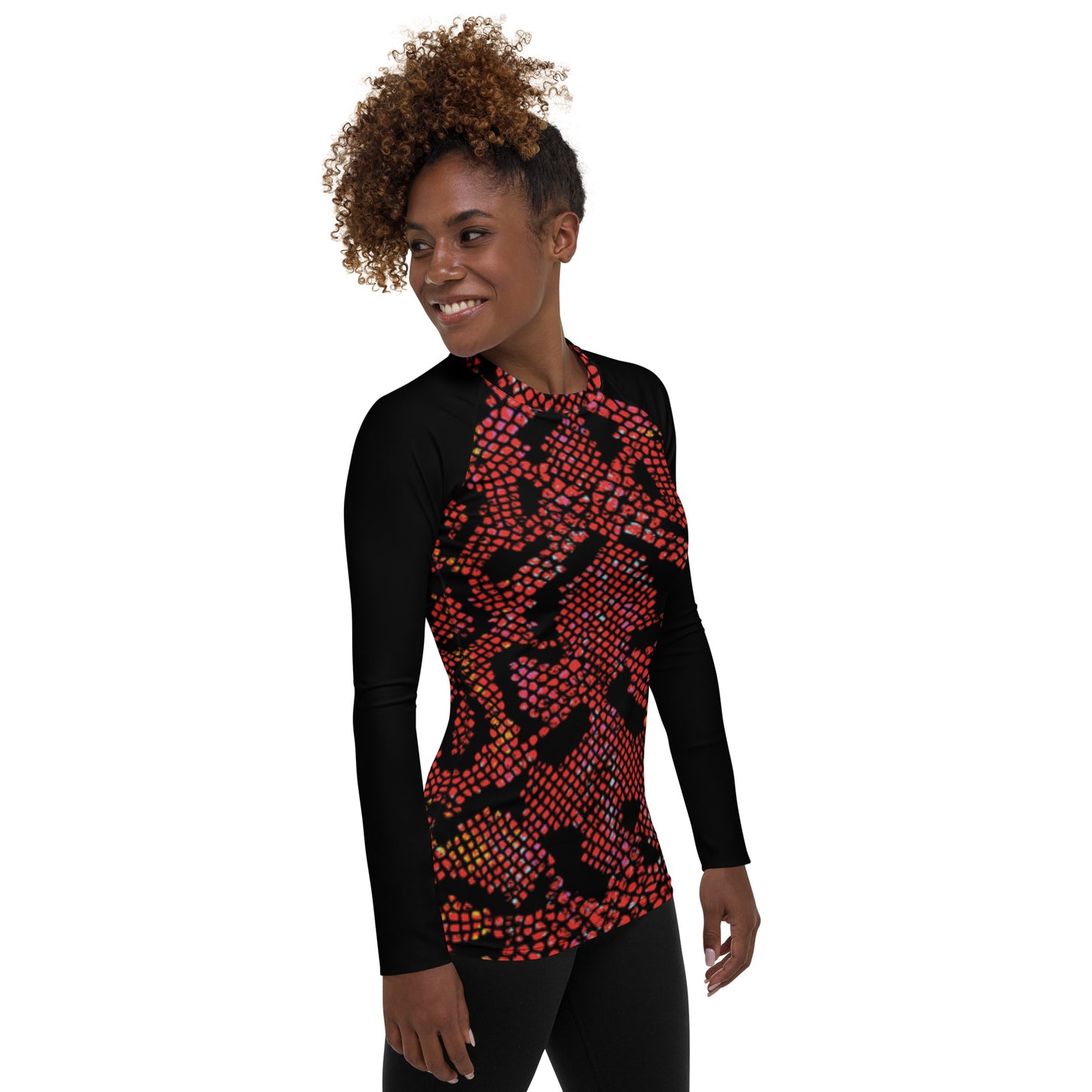 360 Lifestyle Women's Rash Guard UPF 50+ Snake Burn print body with black arms