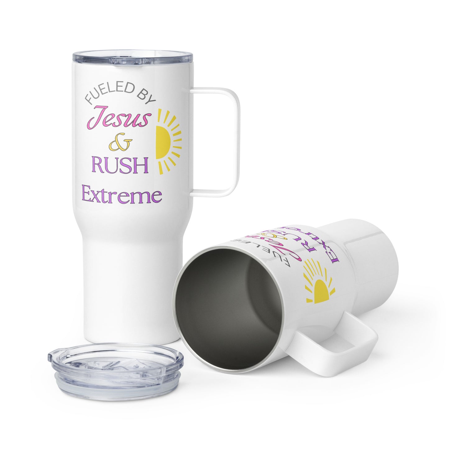 Fueled by Jesus and Rush Extreme Travel mug with a handle