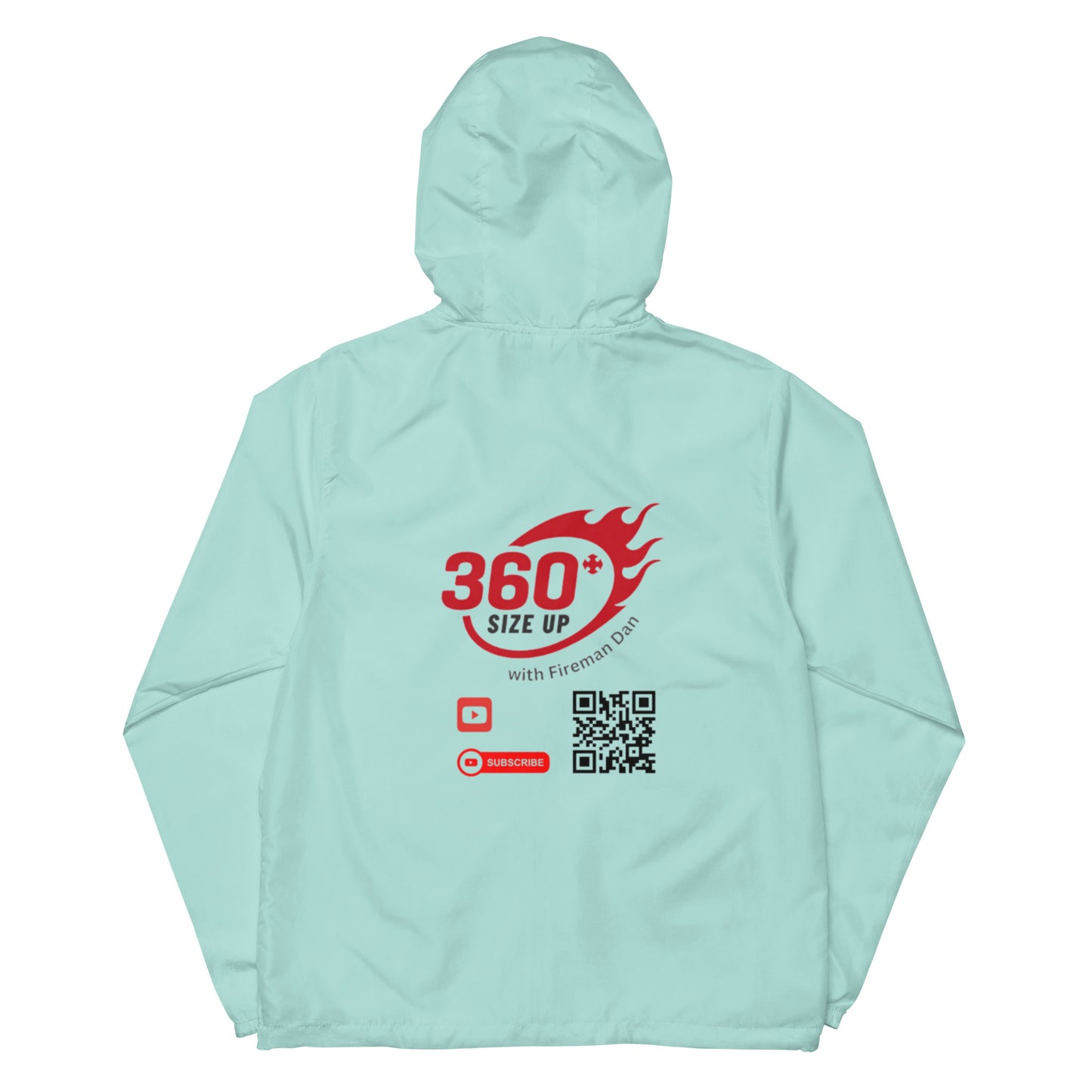 360 Size Up Unisex lightweight zip up windbreaker back with QR code