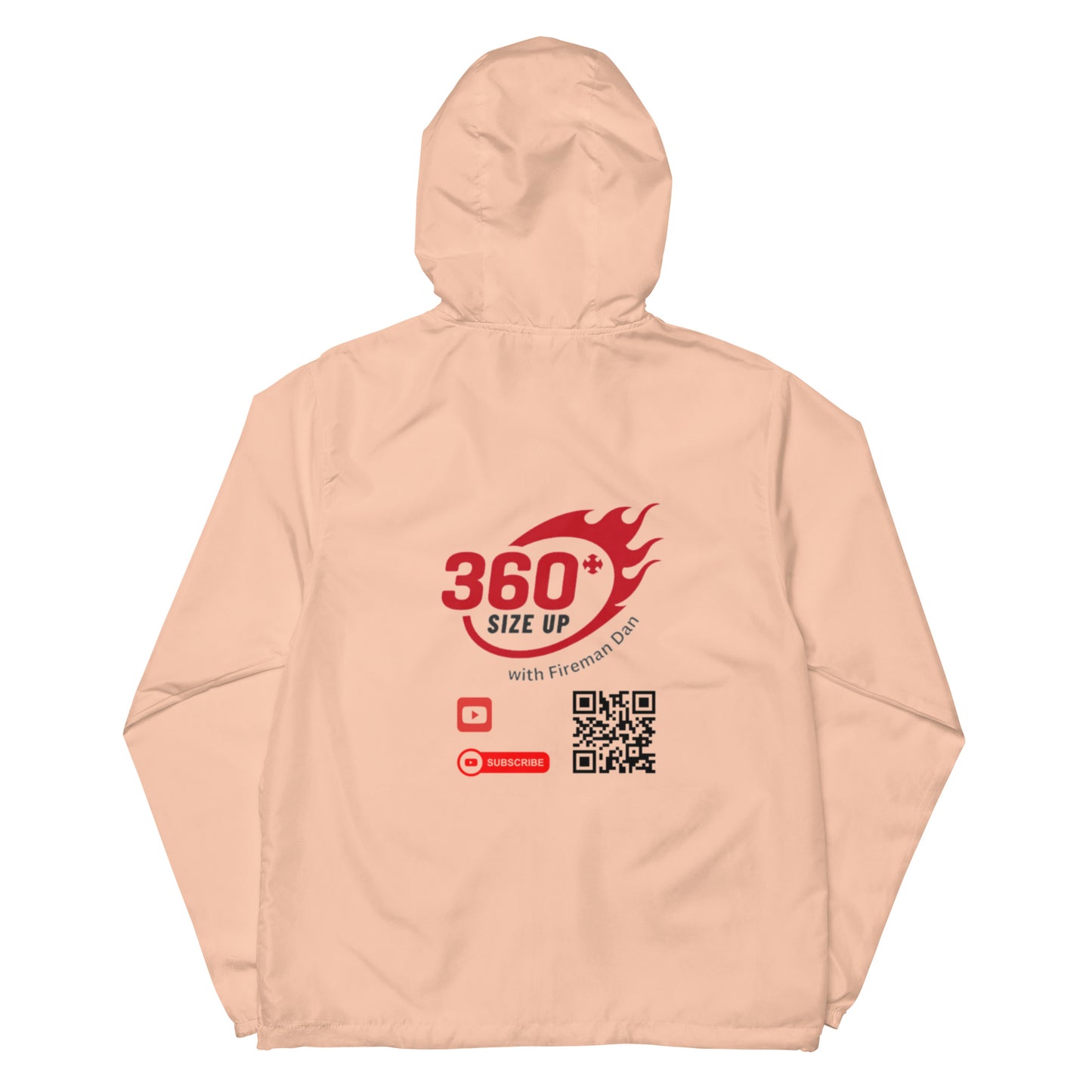 360 Size Up Unisex lightweight zip up windbreaker back with QR code