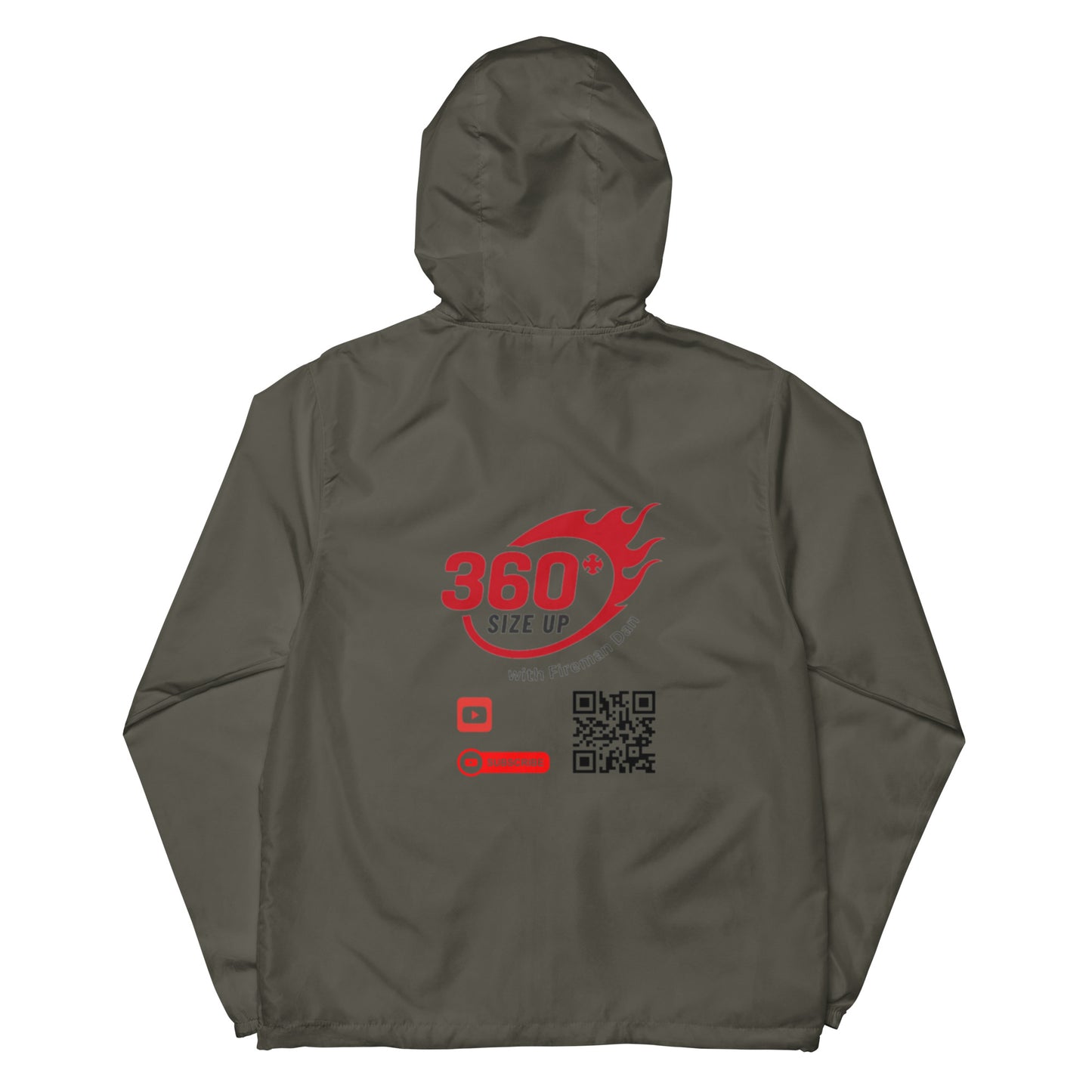 360 Size Up Unisex lightweight zip up windbreaker back with QR code