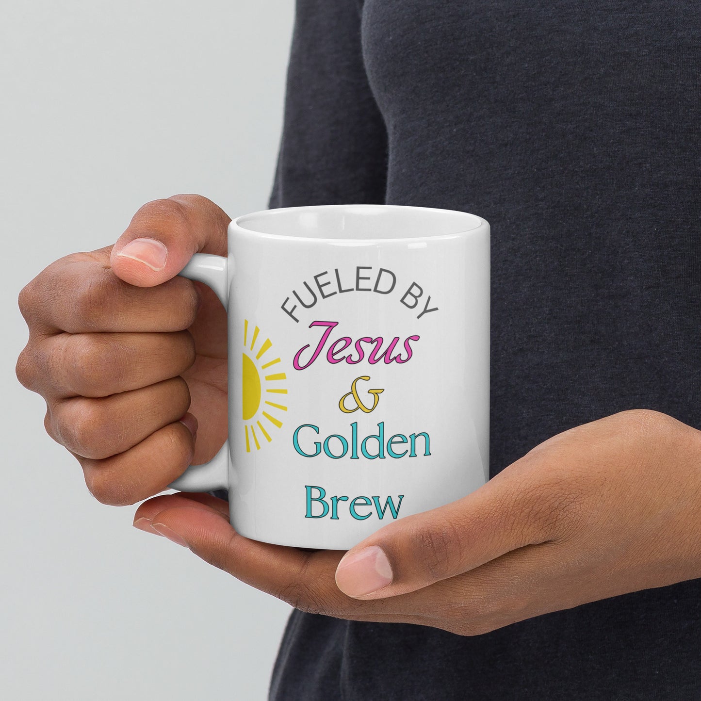 Fueled by Jesus and Gold Brew White glossy mug