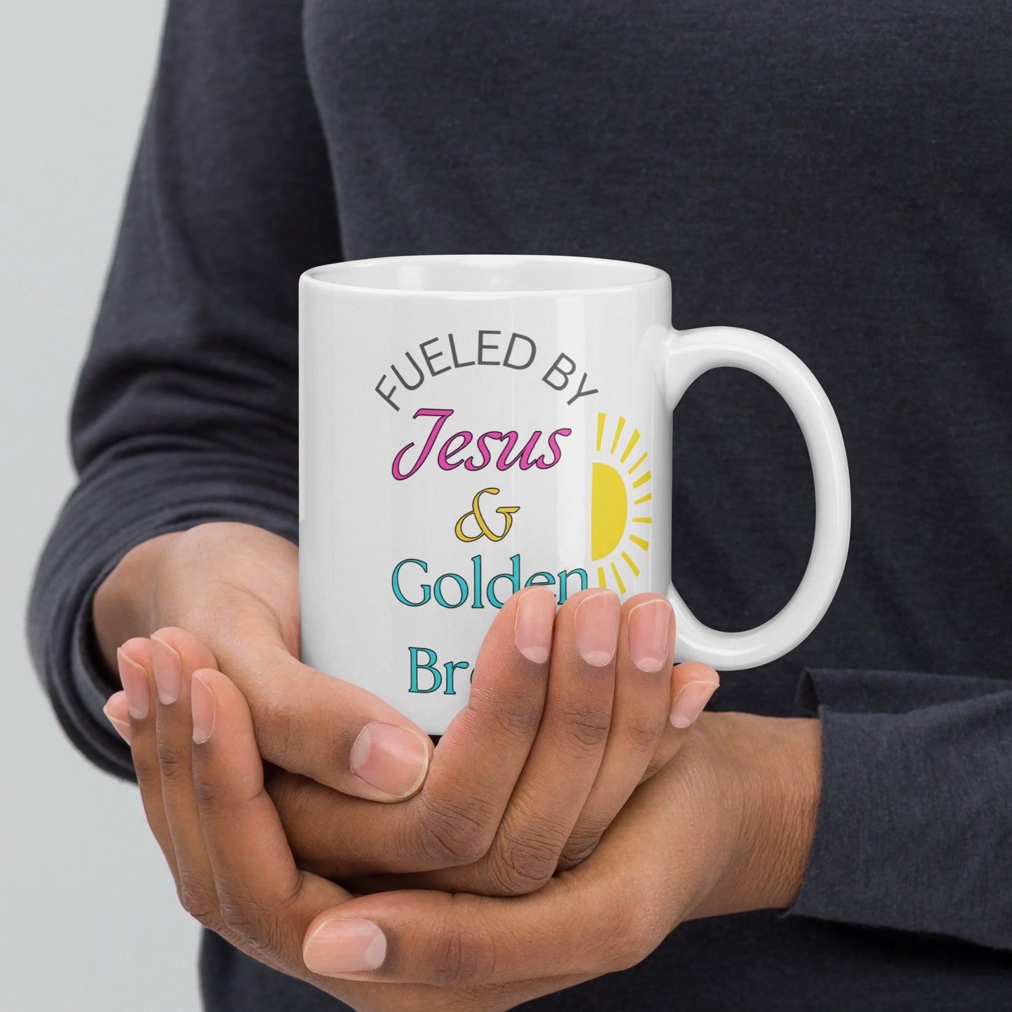 Fueled by Jesus and Gold Brew White glossy mug