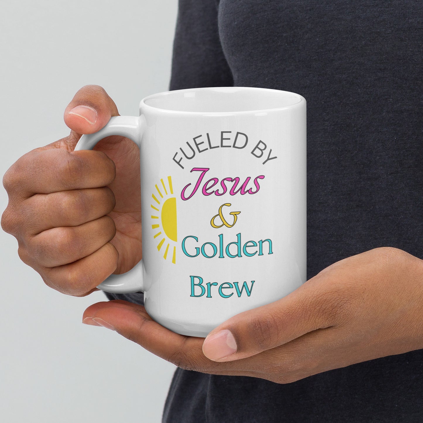 Fueled by Jesus and Gold Brew White glossy mug