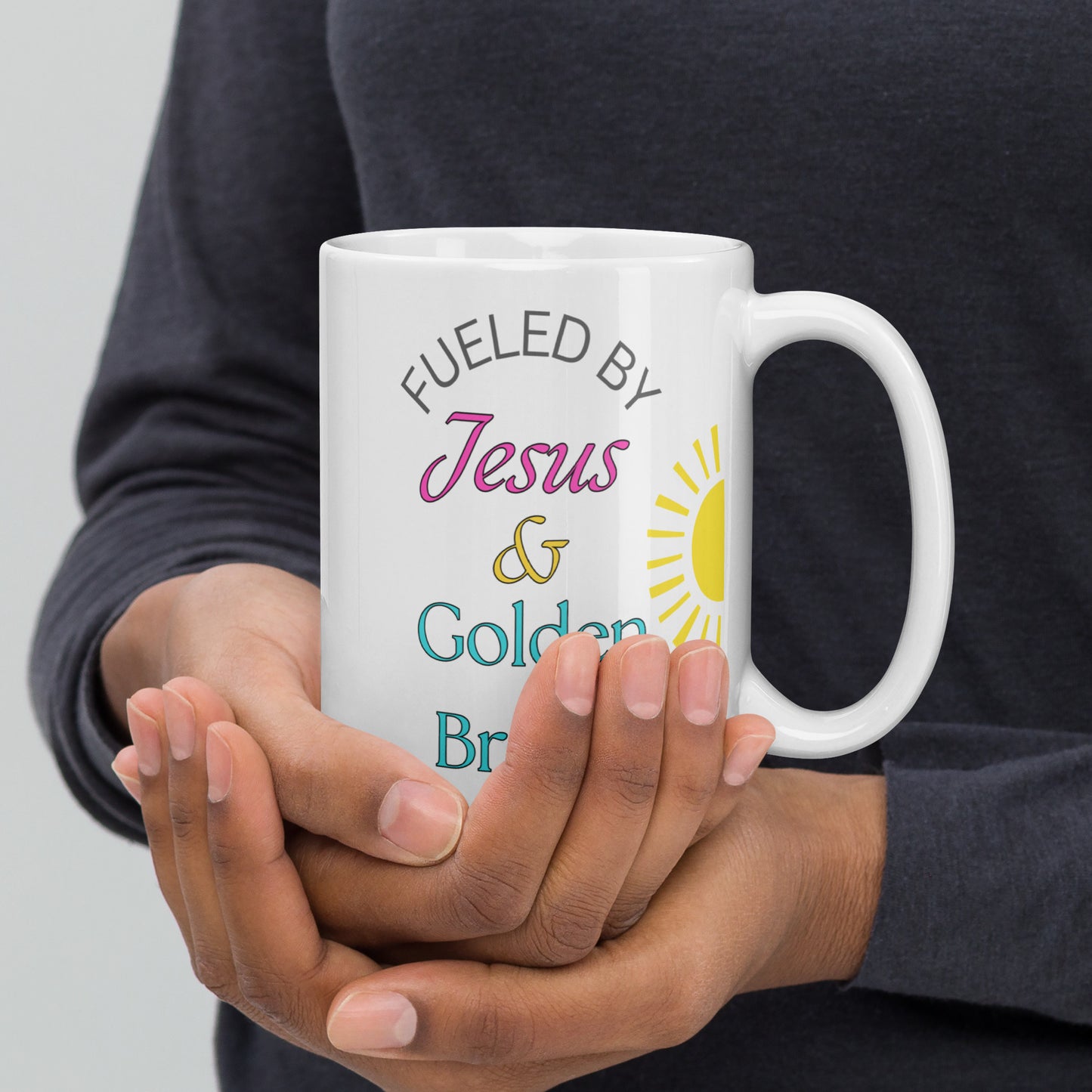 Fueled by Jesus and Gold Brew White glossy mug