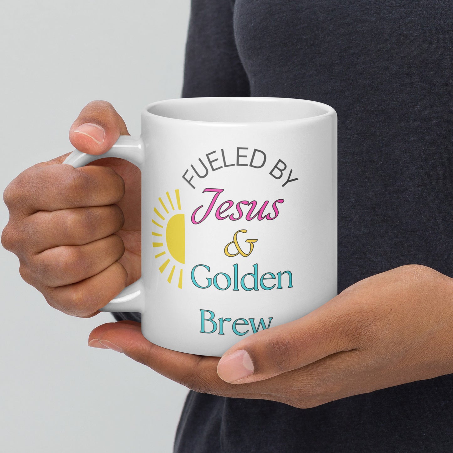 Fueled by Jesus and Gold Brew White glossy mug