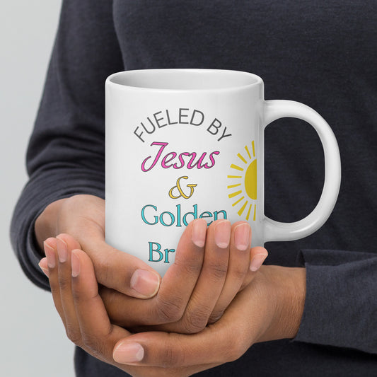 Fueled by Jesus and Gold Brew White glossy mug